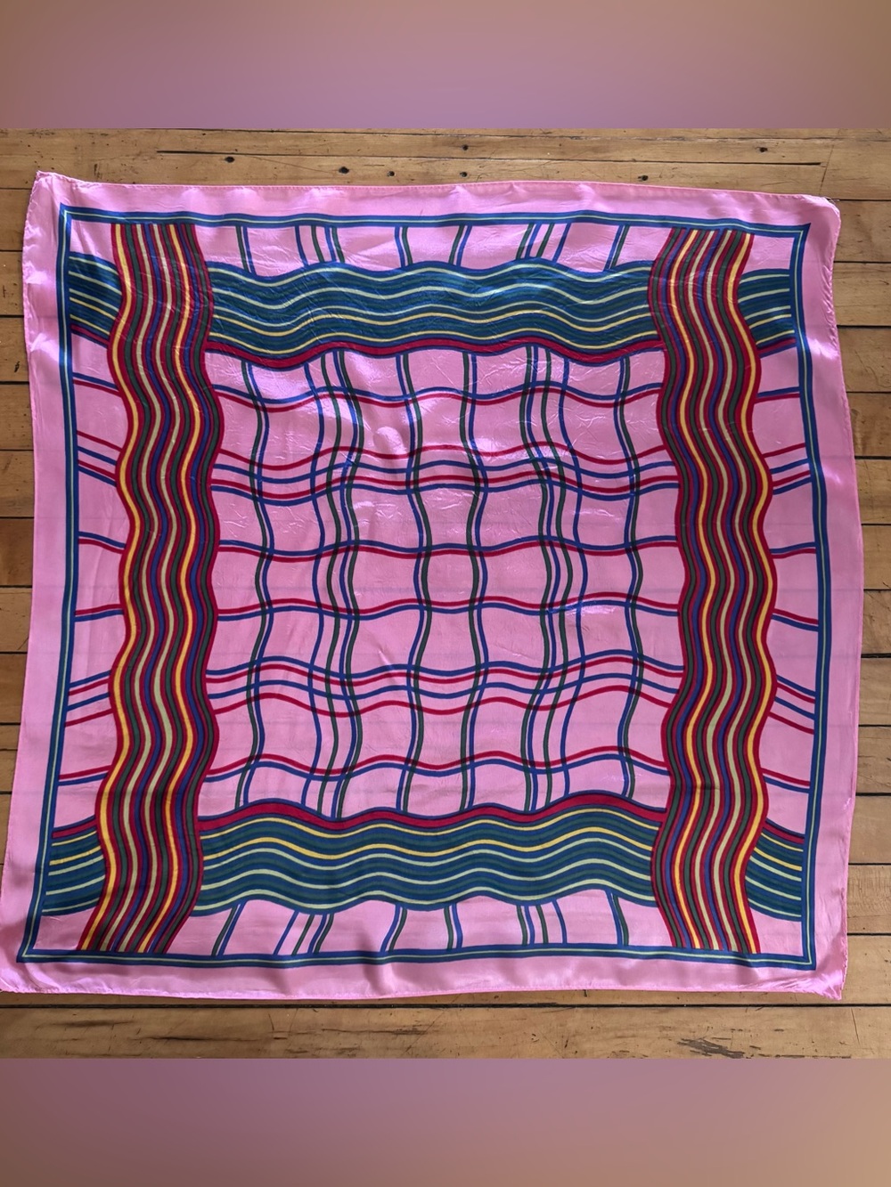 Vintage Pink Multicolor Wavy Stripe & Grid Silk Scarf